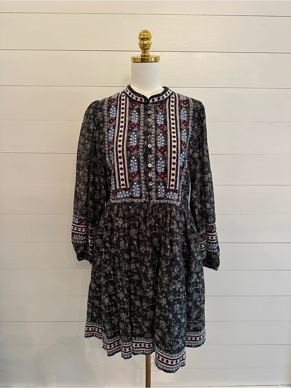 Sea New York Boho Embroidered Black Long-Sleeve Dress